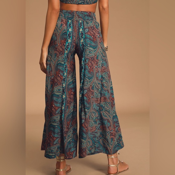 Raga Mystic Garden Turquoise Paisley Print Embroidered Wide-Leg Pants Size Large - Picture 3 of 4